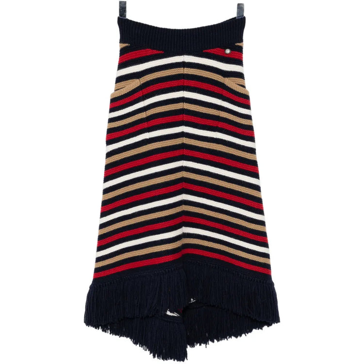 Chanel multicolour striped knit midi skirt with fringe detail, featuring vibrant vertical stripes and a relaxed fit.