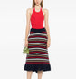 Multicolored striped knit midi skirt by Chanel featuring fringe details and a stylish, modern design.
