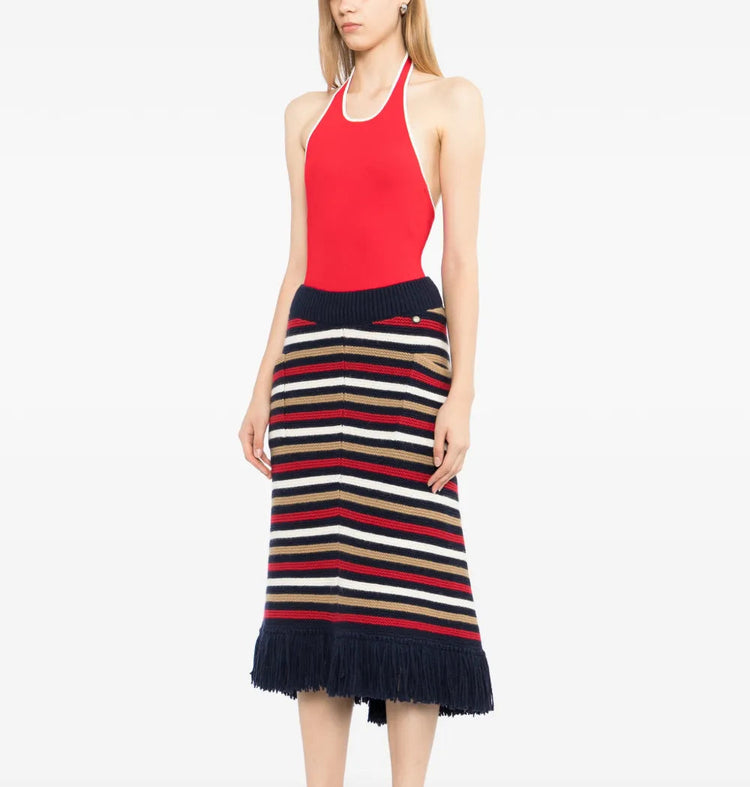 Multicolour striped knit midi skirt by Chanel featuring fringe details and a fitted waist, perfect for stylish casual wear.