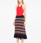 Multicolour striped knit midi skirt by Chanel featuring fringe details and a fitted waist, perfect for stylish casual wear.