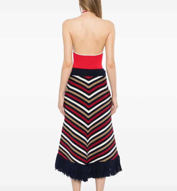 Multicolour striped knit midi skirt by Chanel featuring fringe detail, styled with a flowy, vibrant design.