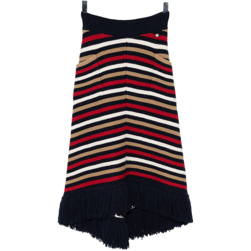 Chanel multicolour striped knit midi skirt with fringe detail, featuring vibrant vertical stripes and a relaxed fit.