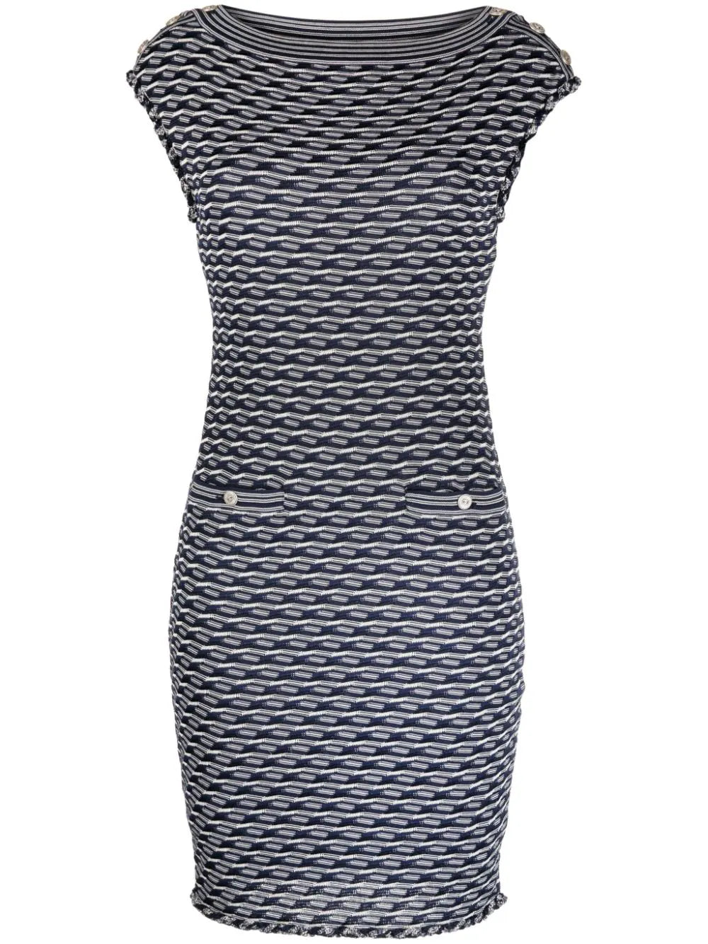 Navy and white Chanel jacquard boat-neck dress with elegant pattern, showcasing a stylish and sophisticated women&