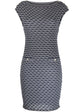 Navy and white Chanel jacquard boat-neck dress with elegant pattern, showcasing a stylish and sophisticated women&