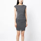 Navy and white Chanel jacquard boat-neck dress with elegant pattern, showcasing a sophisticated, stylish women&
