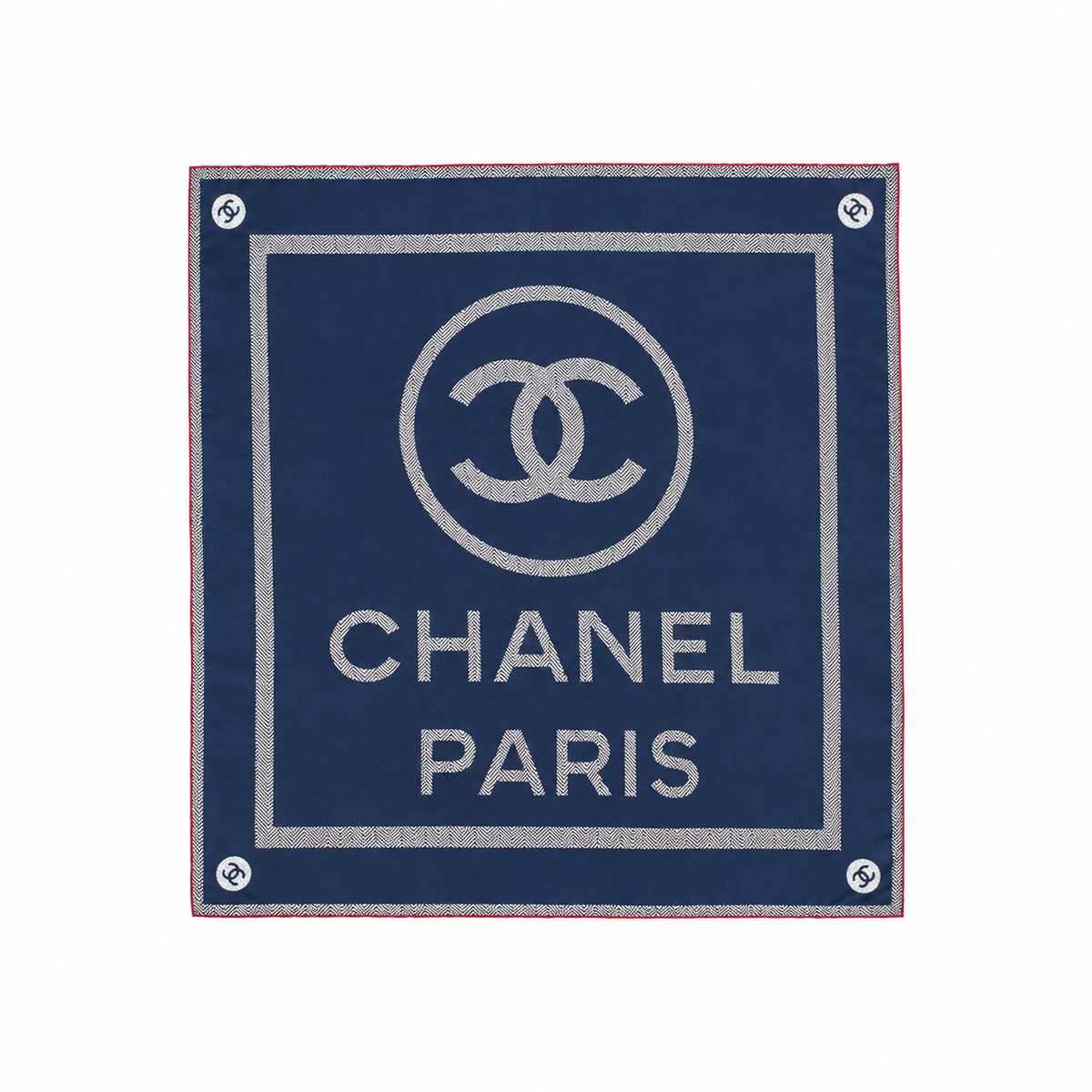 Chanel navy silk square scarf with oversized white CC logo, CHANEL PARIS lettering, geometric cream border and pink trim.