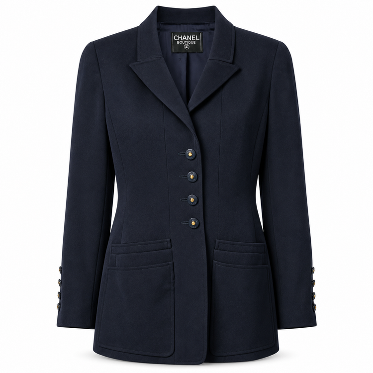 Navy layered pockets blazer by Chanel, tailored blazer with multiple front pockets and structured fit.