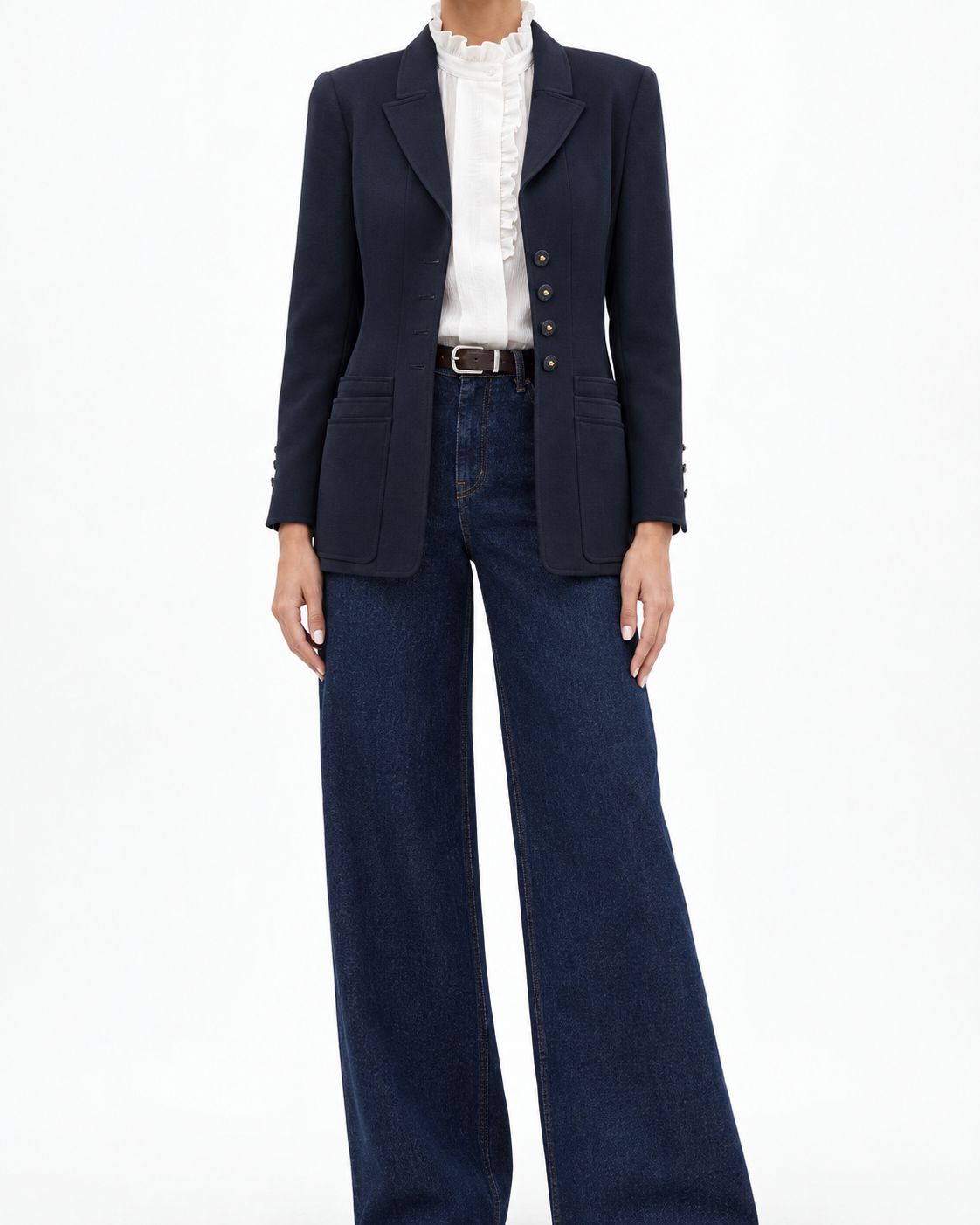 Navy Chanel layered pockets blazer with tailored fit, featuring structured design and front pocket details, ideal for sophisticated style.