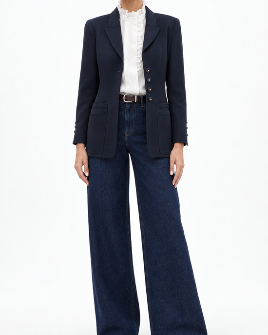 Navy Chanel layered pockets blazer with tailored fit, featuring structured design and front pocket details, ideal for sophisticated style.