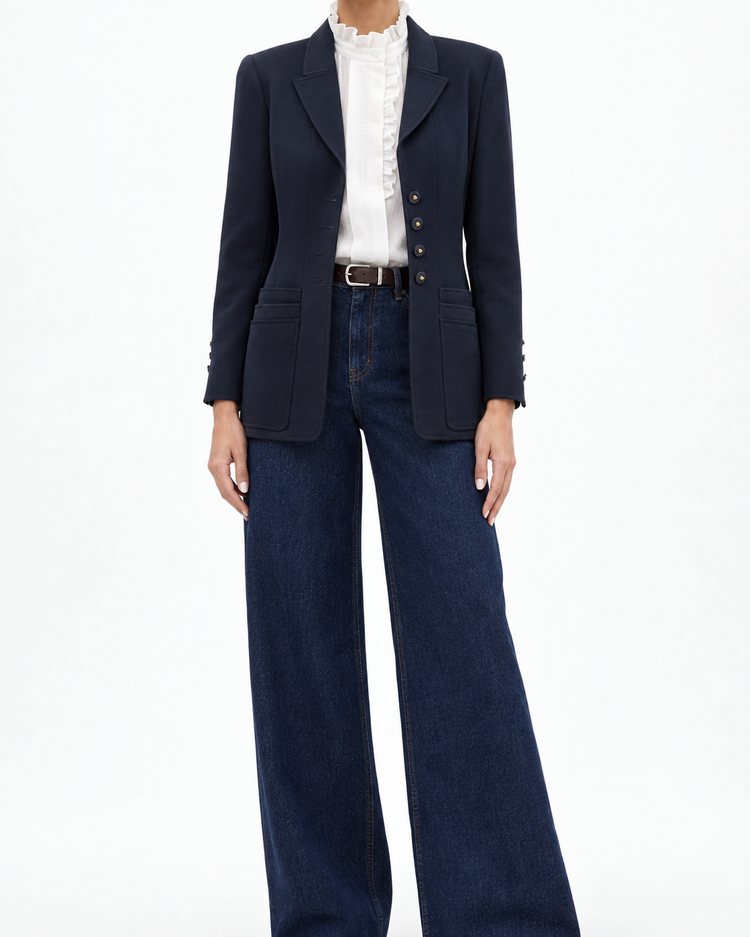 Navy Chanel layered pockets blazer with tailored fit, featuring structured design and front pocket details, ideal for sophisticated style.