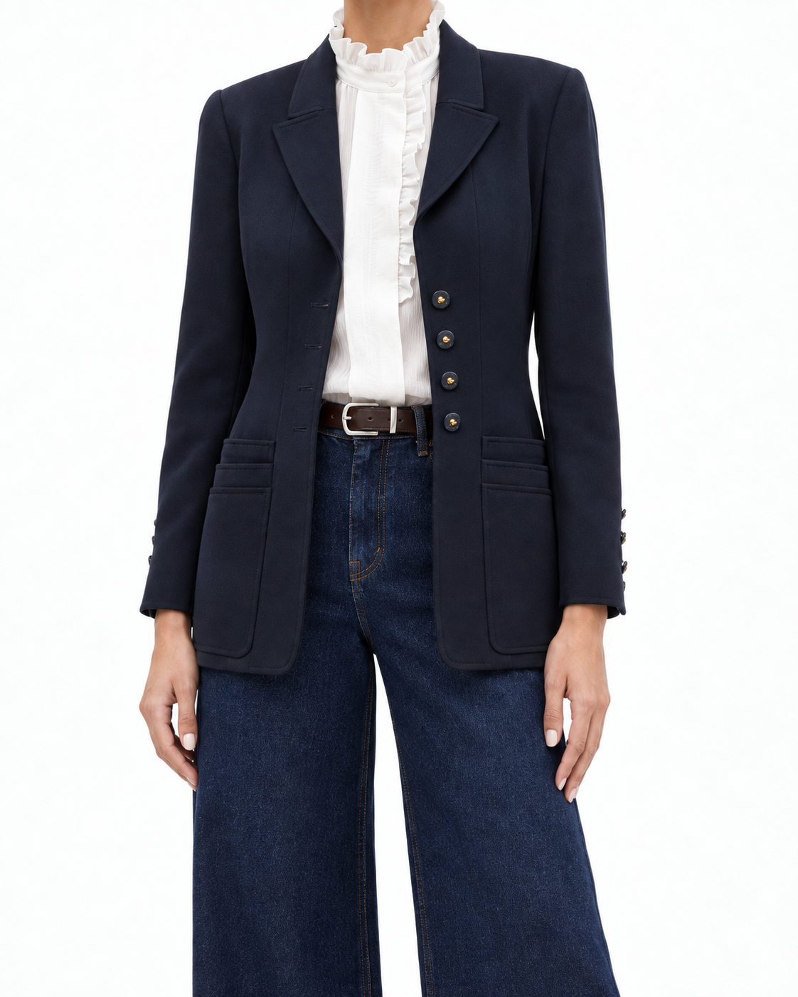 Navy layered pockets blazer by Chanel featuring tailored fit and stylish design, perfect for sophisticated fashion.