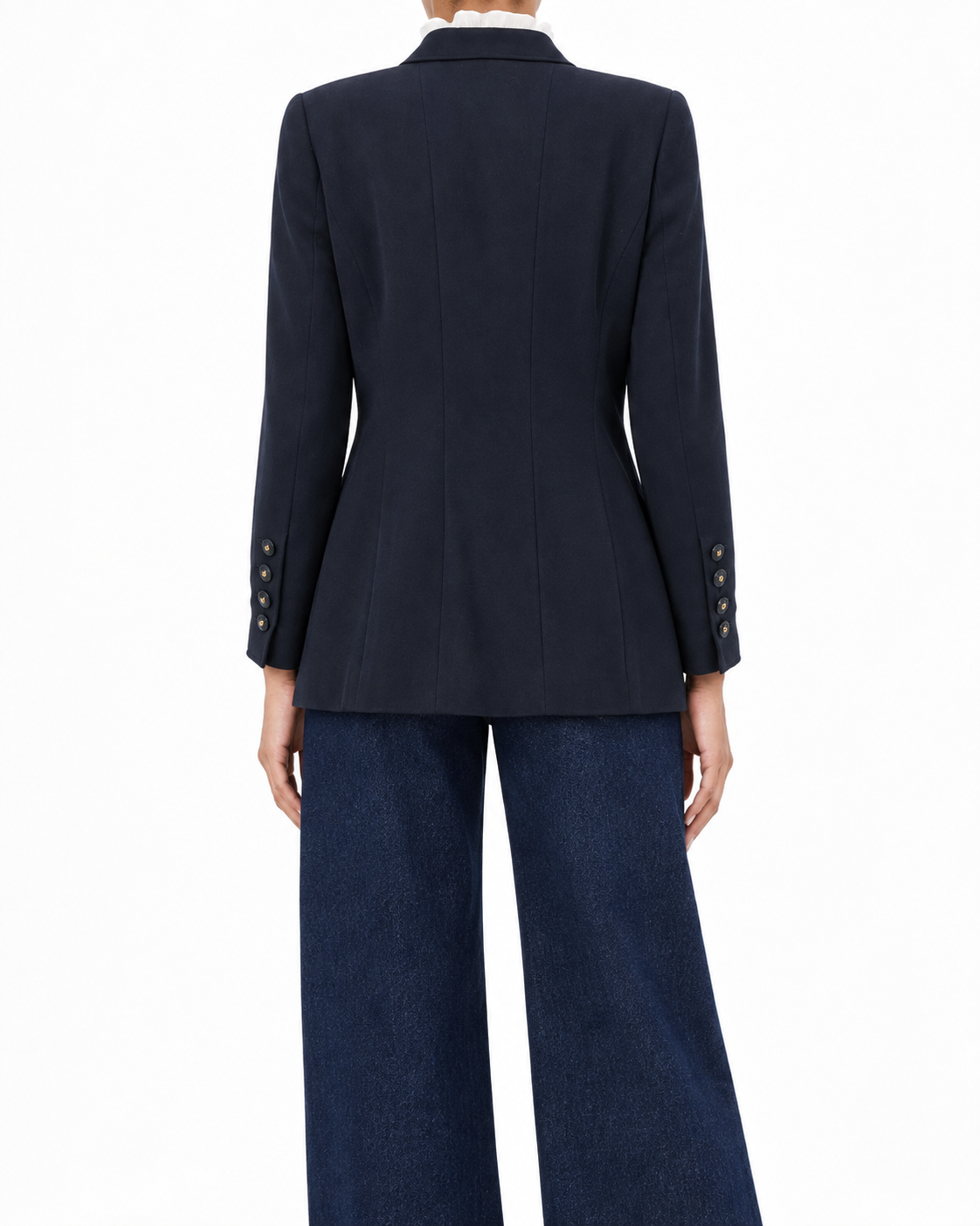 Navy layered pockets blazer by Chanel featuring tailored fit and classic style, shown on a model.