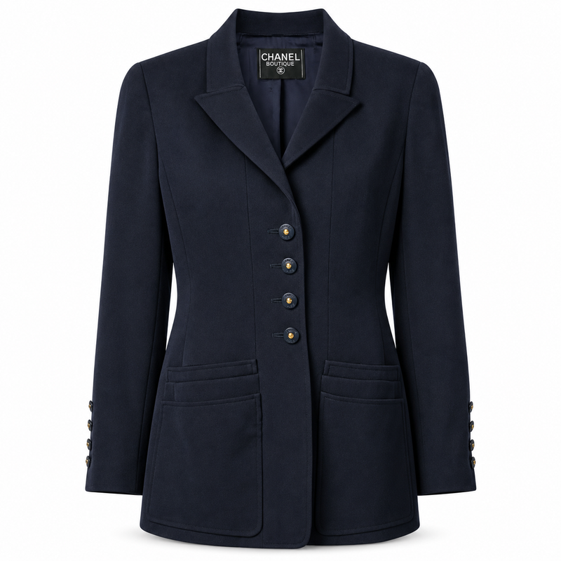 Navy layered pockets blazer by Chanel, tailored blazer with multiple front pockets and structured fit.