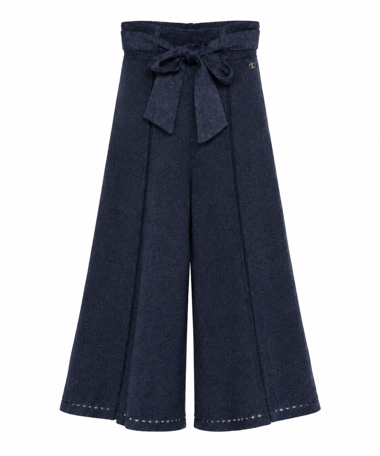 Navy Chanel wide-leg culottes, stylish trousers with a relaxed fit, featuring high waist and flowing silhouette.