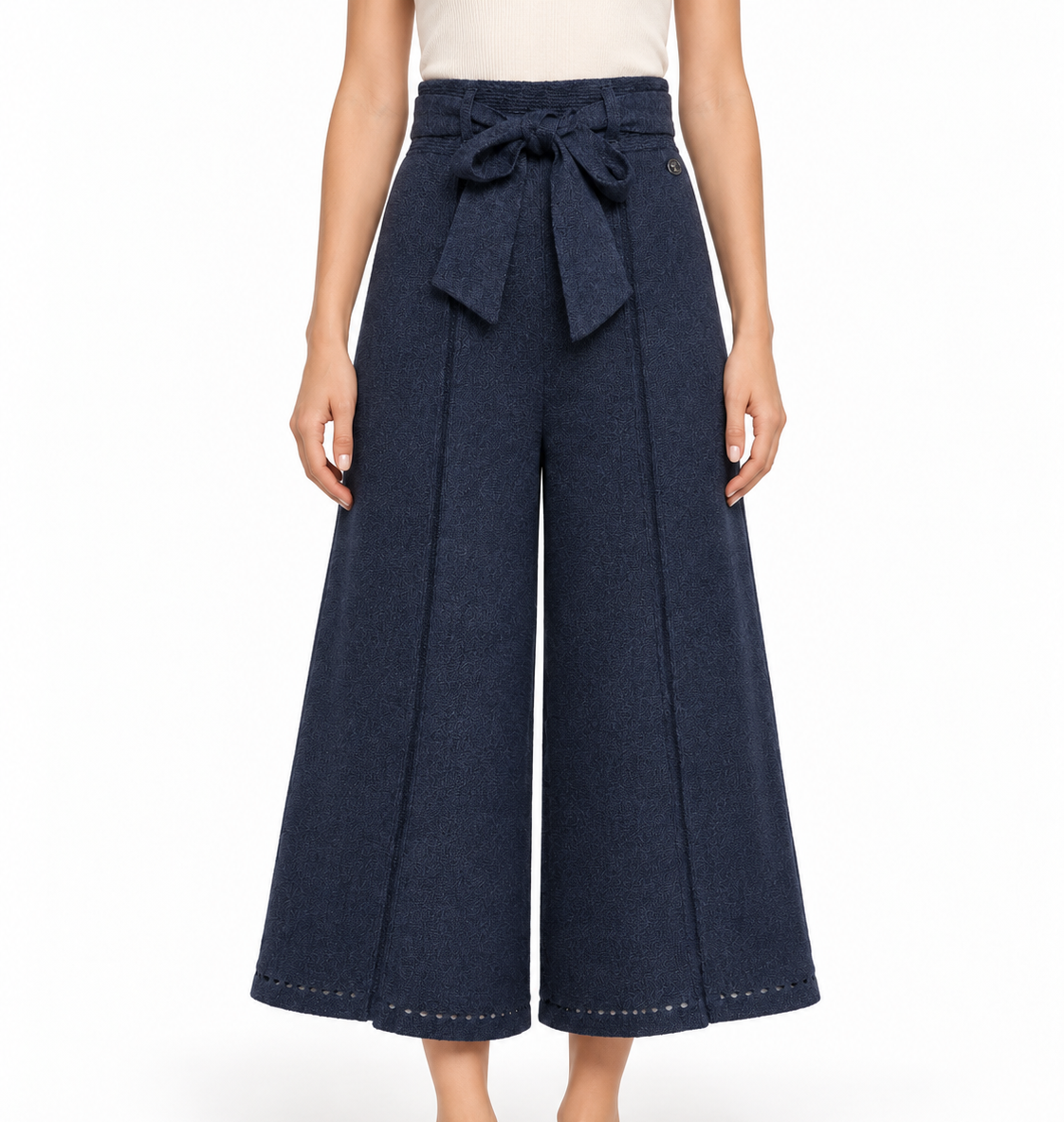 Navy Chanel wide-leg culottes trousers with a high waist and flowing silhouette, tailored for a stylish, modern look.