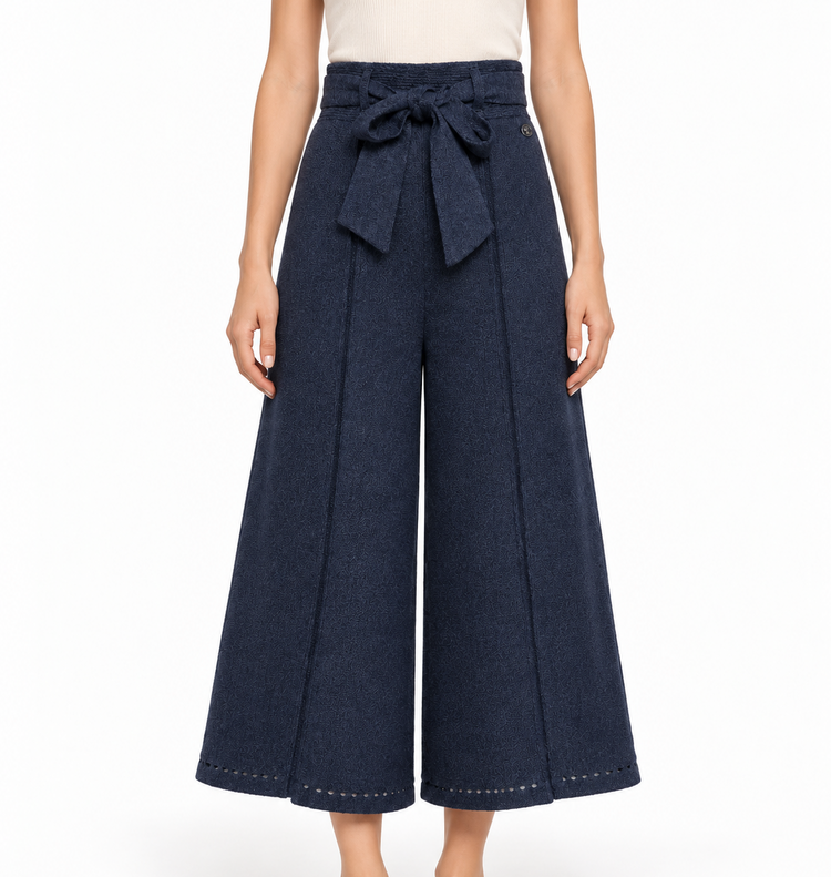 Navy Chanel wide-leg culottes trousers with a high waist and flowing silhouette, tailored for a stylish, modern look.