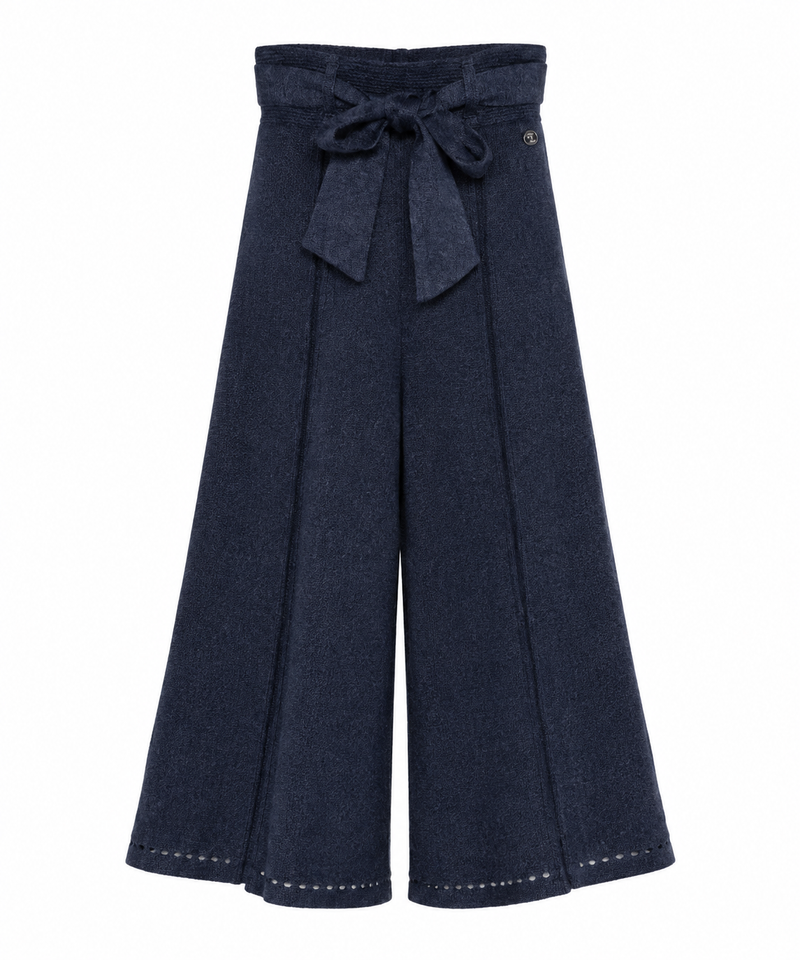Navy Chanel wide-leg culottes, stylish trousers with a relaxed fit, featuring high waist and flowing silhouette.