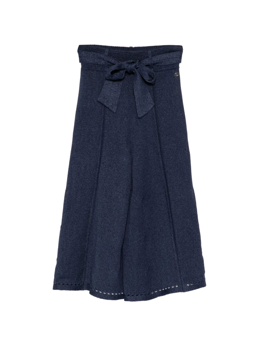 Pre-owned navy Chanel wide-leg culottes with a high waist and flowing silhouette, front view showing tailored design and fabric texture.