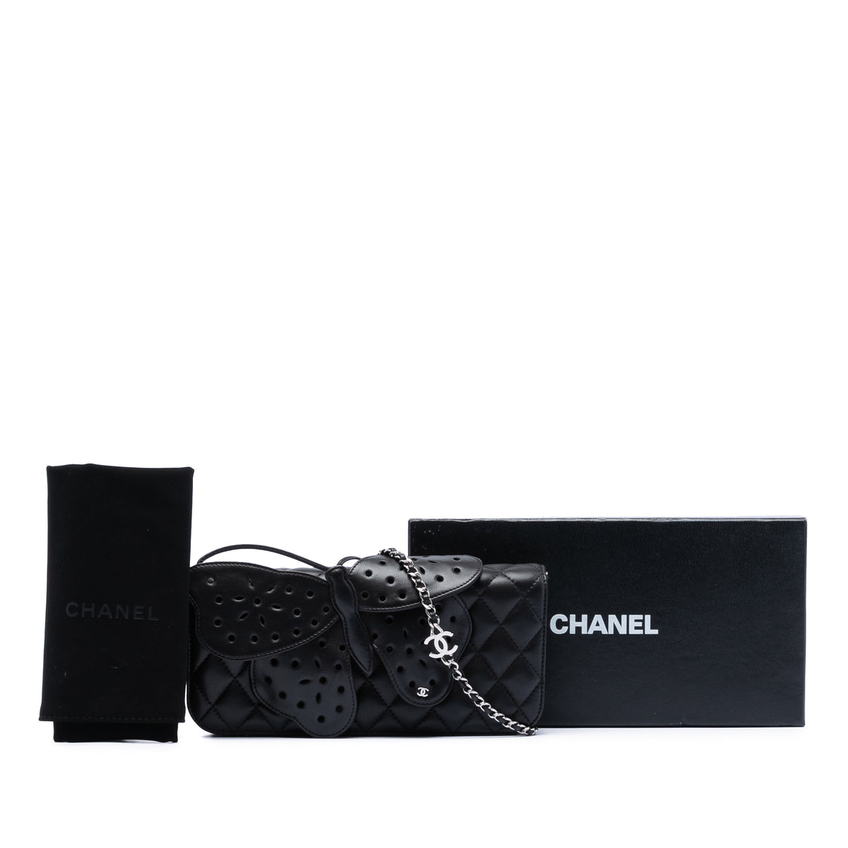 Chanel quilted lambskin butterfly clutch with chain strap, featuring a sleek, textured design and elegant gold-tone hardware.