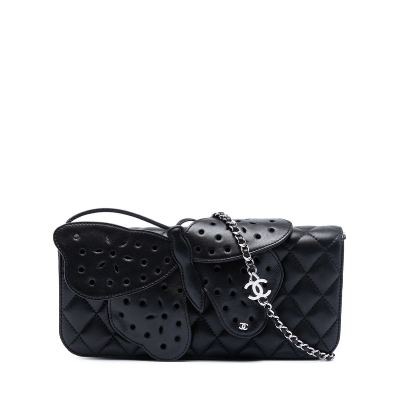 Chanel quilted lambskin butterfly clutch with chain strap, featuring a textured quilted design and elegant butterfly detail.