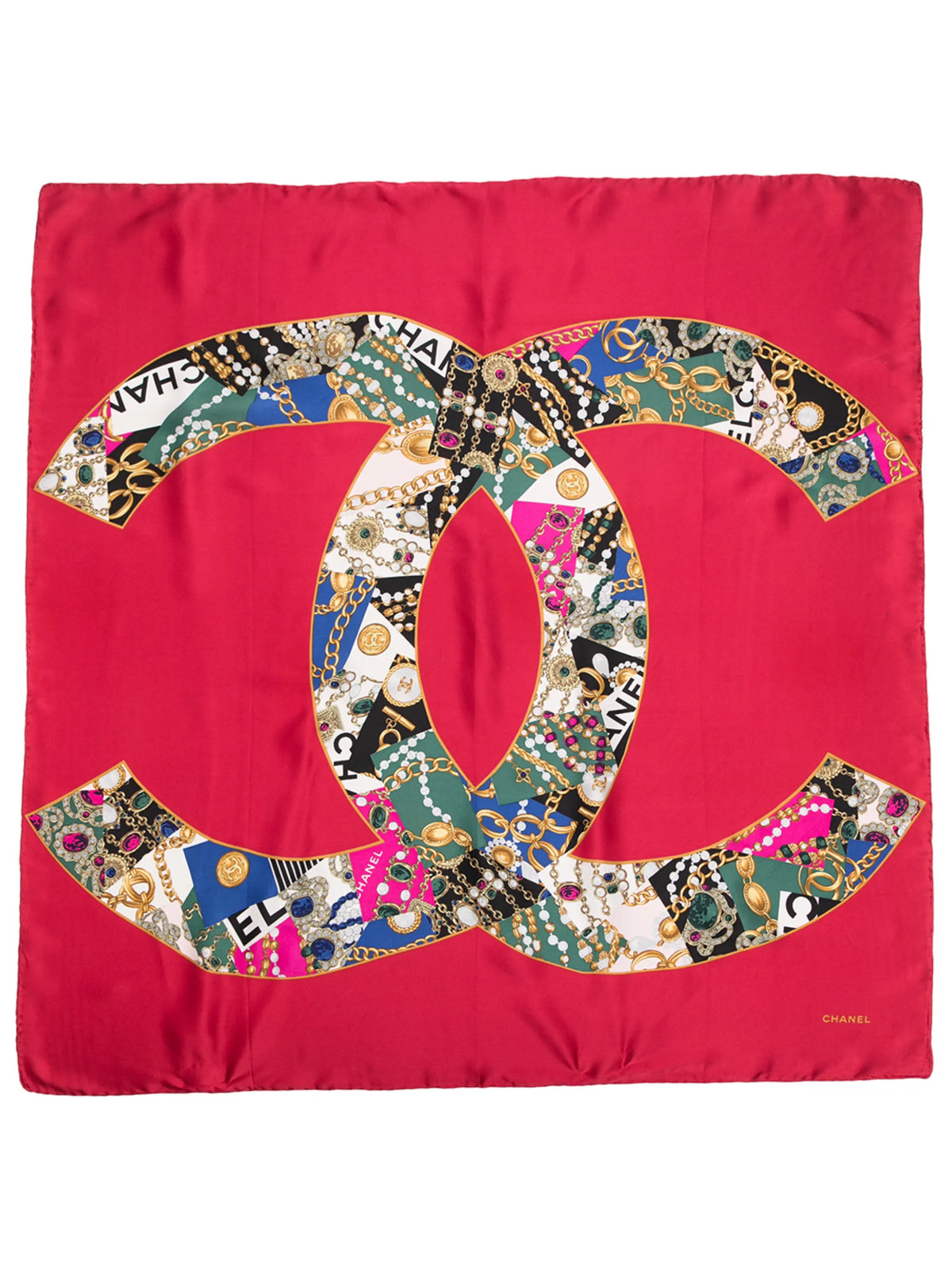 Red silk CC Jewel Print scarf by Chanel featuring a luxurious square design with intricate jewel and logo patterns.