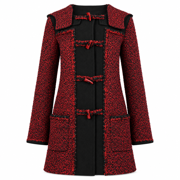 Red Chanel tweed duffle coat with toggle buttons and hood, stylish and classic design for cold weather.