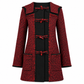 Red Chanel tweed duffle coat with toggle buttons and hood, stylish and classic design for cold weather.