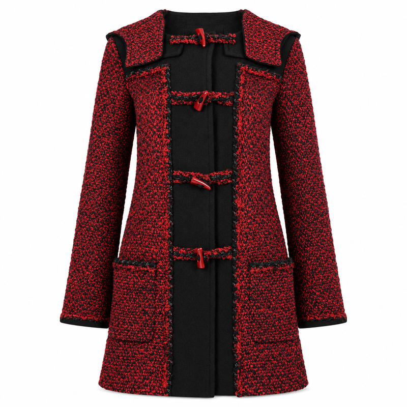 Red Chanel tweed duffle coat with toggle buttons and hood, stylish and classic design for cold weather.