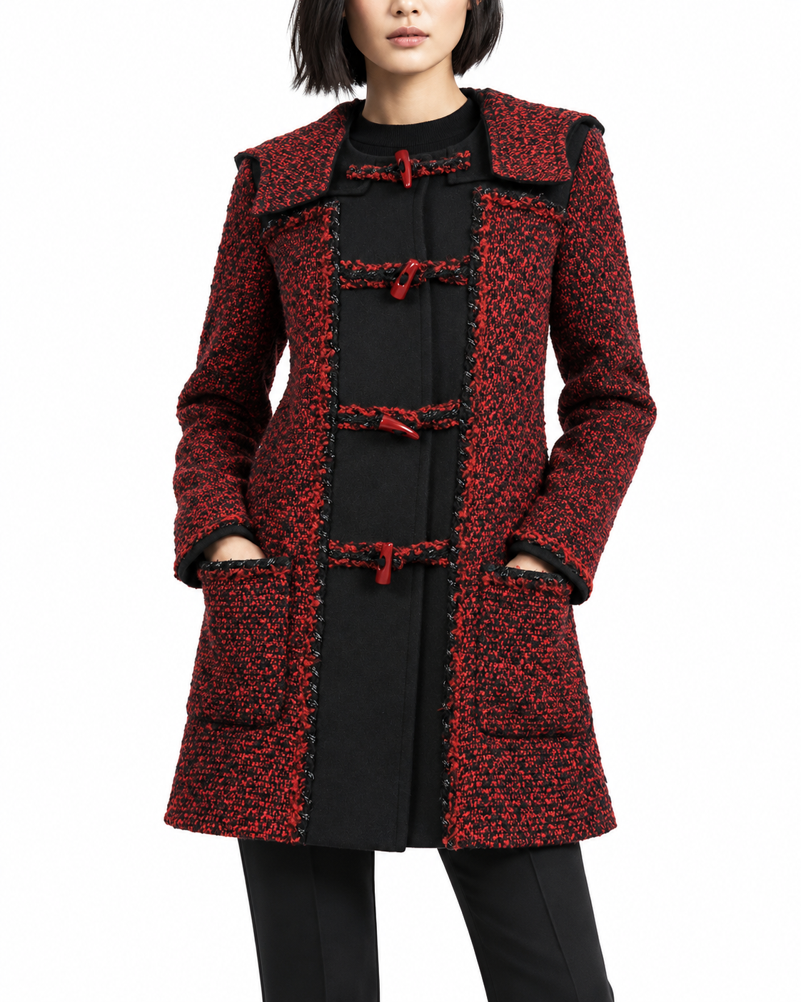 Chanel 2011 red tweed duffle coat with toggle buttons and hood, stylish and classic outerwear for cold weather.