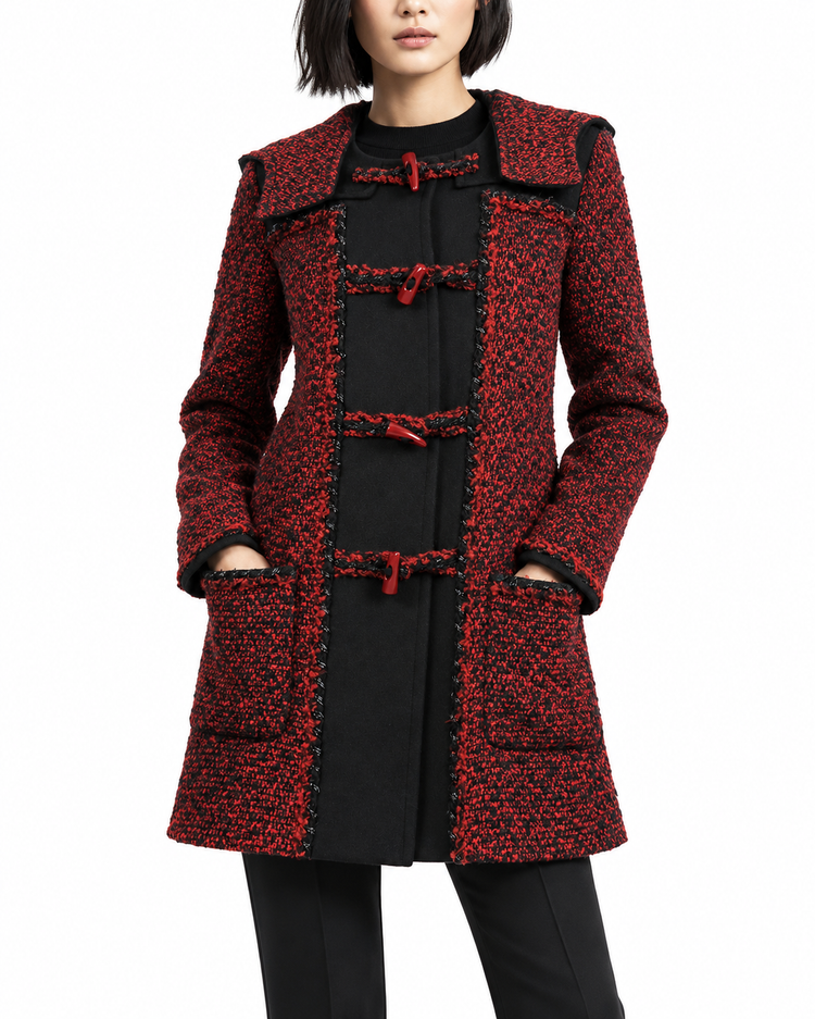 Chanel 2011 red tweed duffle coat with toggle buttons and hood, stylish and classic outerwear for cold weather.