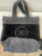 Chanel black and charcoal grey terry cloth tote with quilted panels, dual top handles and tonal oversized interlocking CC logo.