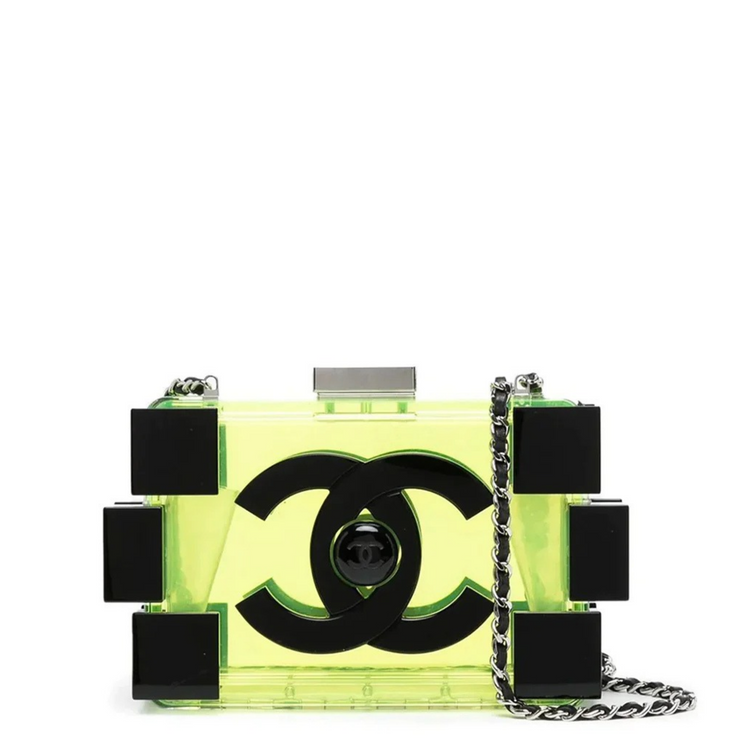 Translucent yellow-green Chanel Lucite Lego minaudière clutch with geometric design and compact size, perfect for evening accessories.
