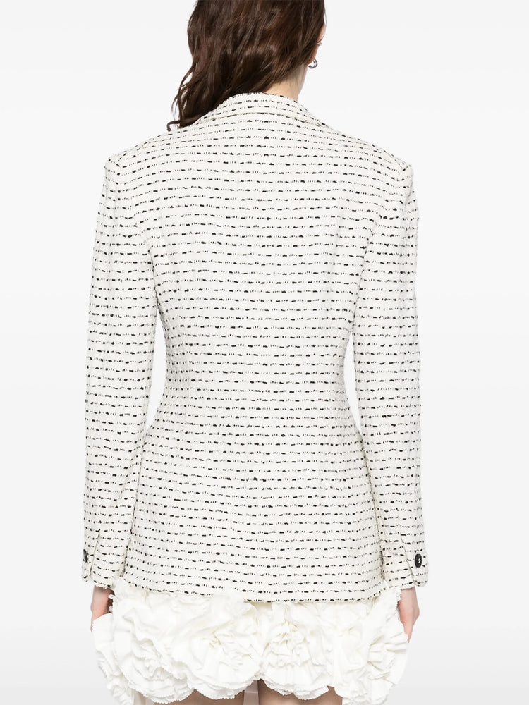 Chanel monochrome blazer in textured black and white tweed, tailored fit with lapel collar, stylish blazer for women