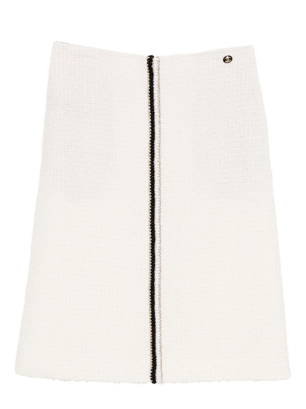 Chanel 2020 cream tweed knee-length skirt with classic tailored design and textured fabric, suitable for elegant casual wear.