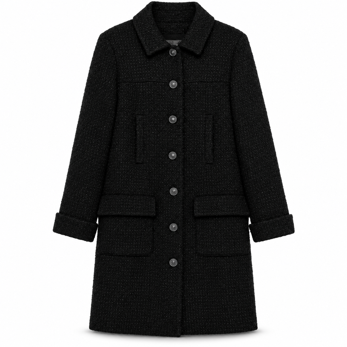 Chanel wool tweed coat with classic collar and tailored fit, displayed on a hanger against a neutral background.