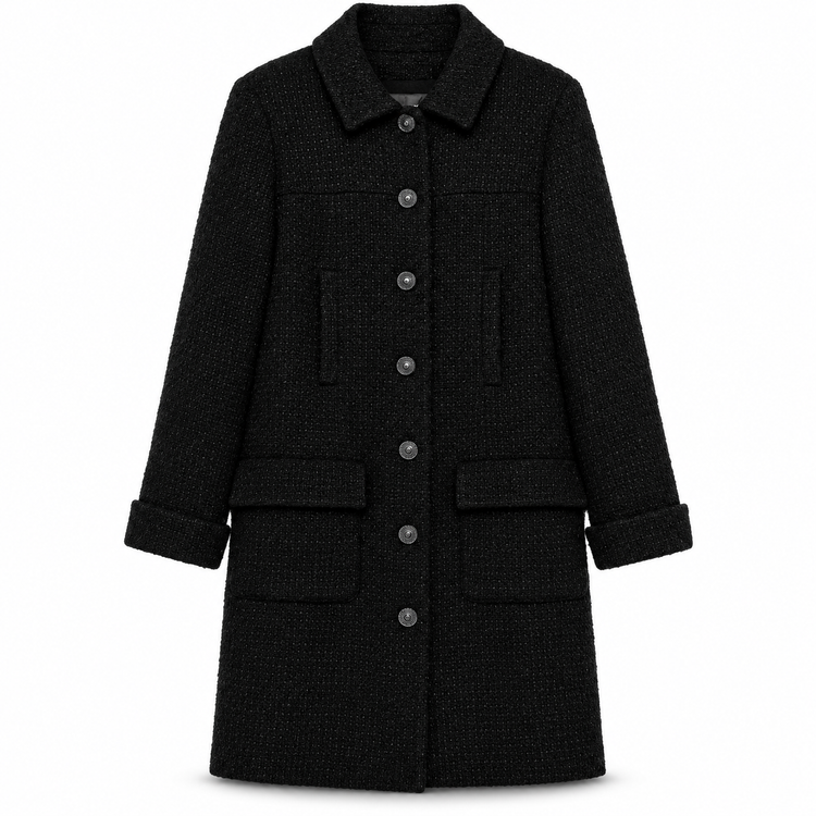 Chanel wool tweed coat with classic collar and tailored fit, displayed on a hanger against a neutral background.