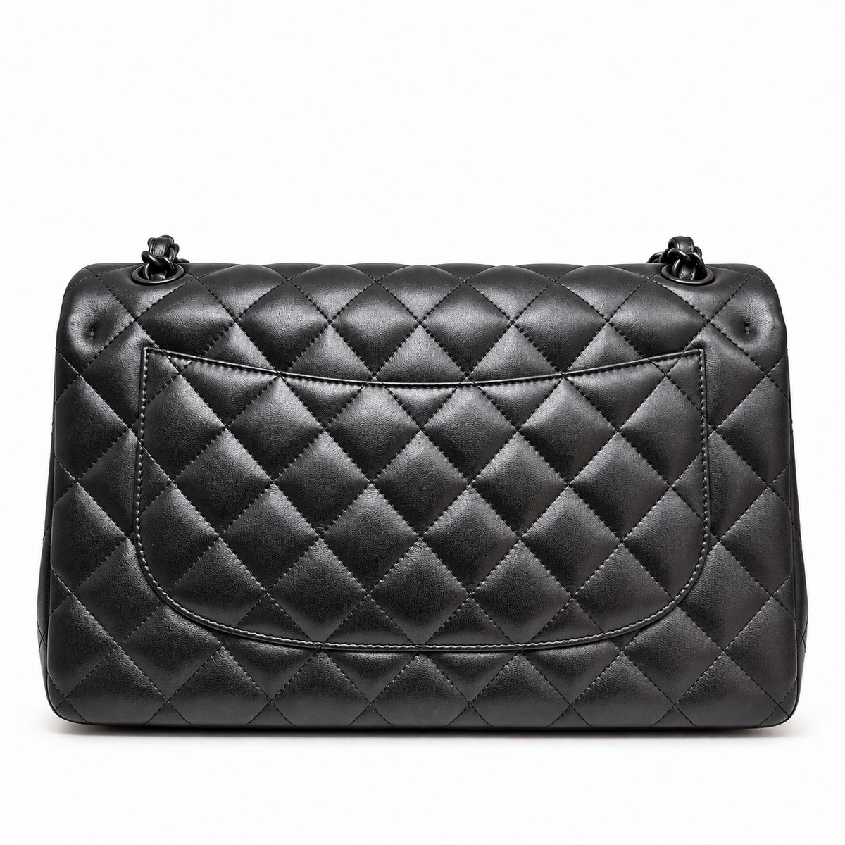 Black Chanel quilted jumbo double flap shoulder bag made of crumpled lambskin with a classic quilted design and silver hardware.