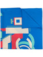 Blue Chanel silk scarf with geometric logo design, featuring elegant patterns on smooth, luxurious fabric.