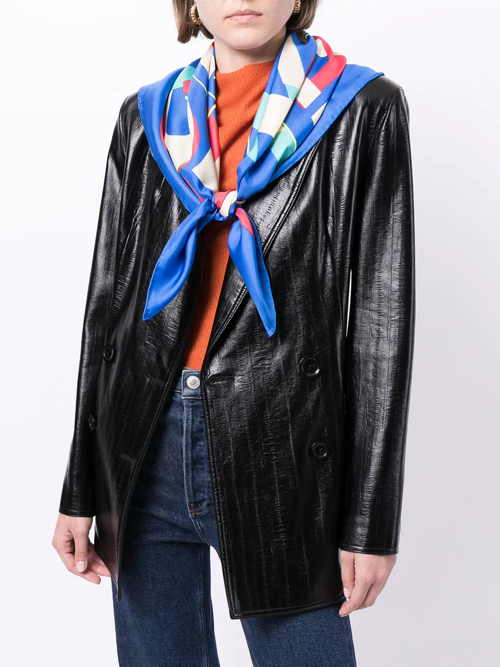 Blue geometric logo silk scarf by Chanel featuring a stylish pattern and luxurious fabric, perfect for elegant accessorizing.