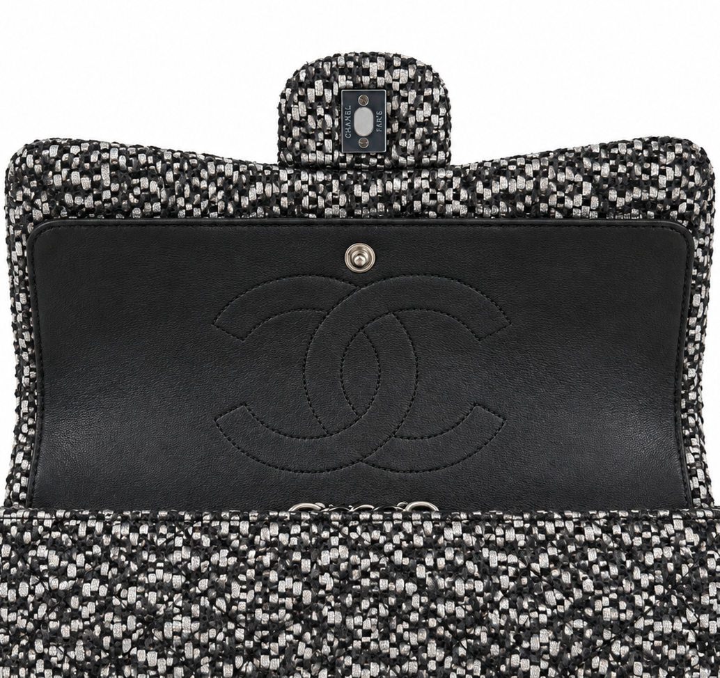 Silver tweed Chanel shoulder bag with sequins and a double flap design, featuring a chic, elegant style.