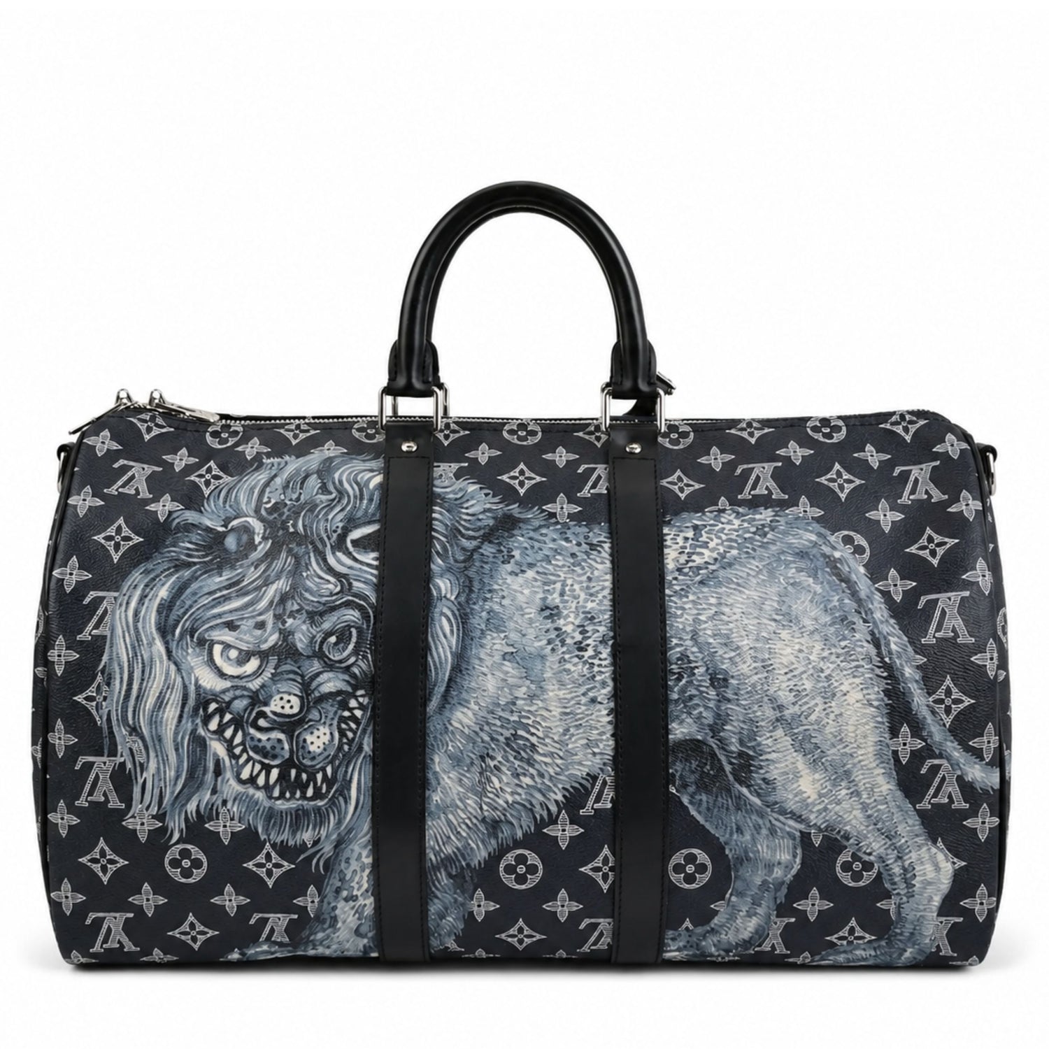 Louis Vuitton Chapman Brothers Keepall 55 Bandouliere travel bag in navy with lion design, featuring leather handles and adjustable strap.