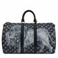 Louis Vuitton Chapman Brothers Keepall 55 Bandouliere travel bag in navy with lion design, featuring leather handles and adjustable strap.