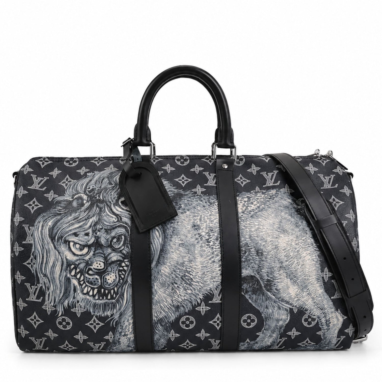 Louis Vuitton Chapman Brothers Keepall 55 Bandouliere travel bag in navy with lion print, featuring leather handles and adjustable strap.