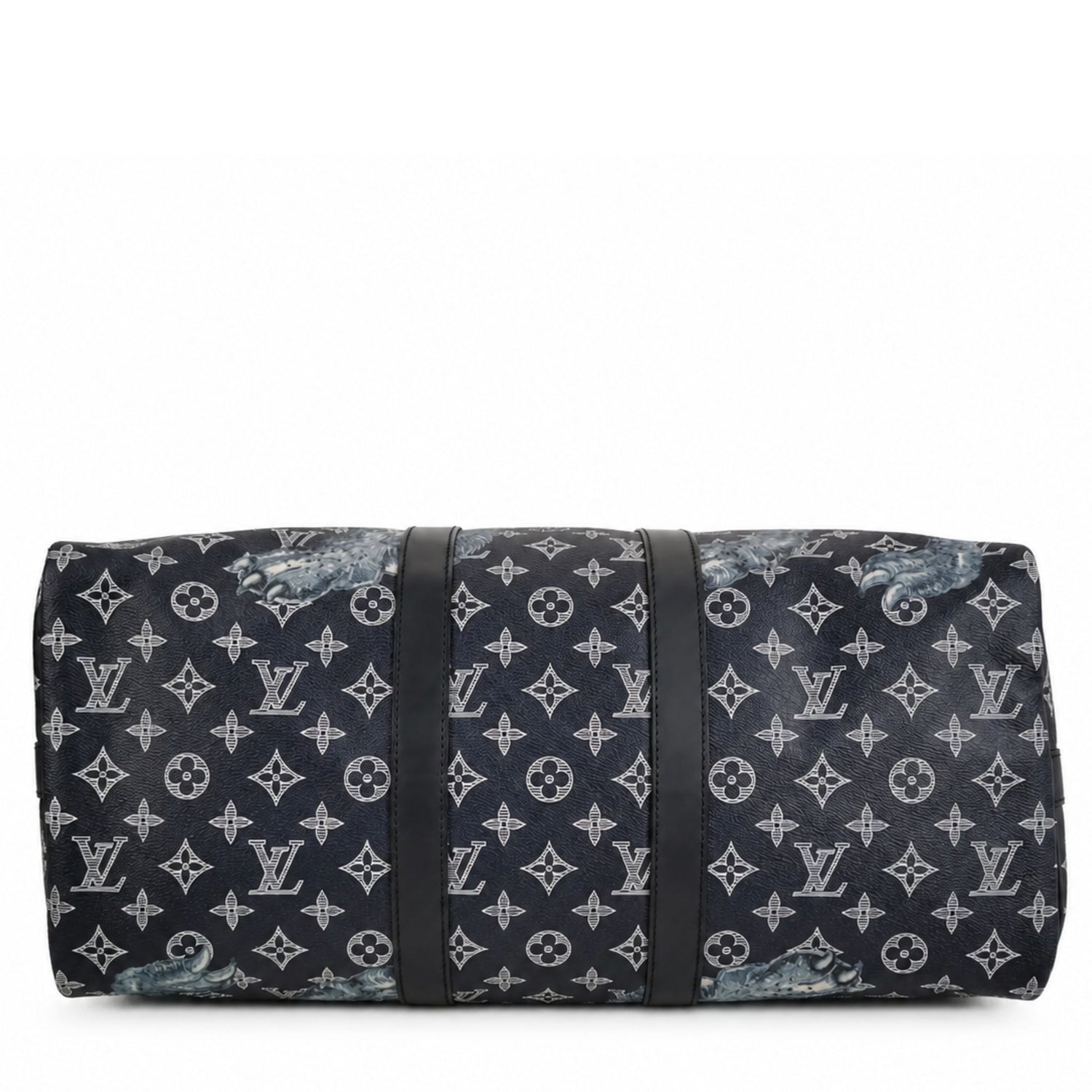 Louis Vuitton Chapman Brothers Keepall 55 Bandouliere travel bag in navy with lion design, featuring sturdy handles and shoulder strap.