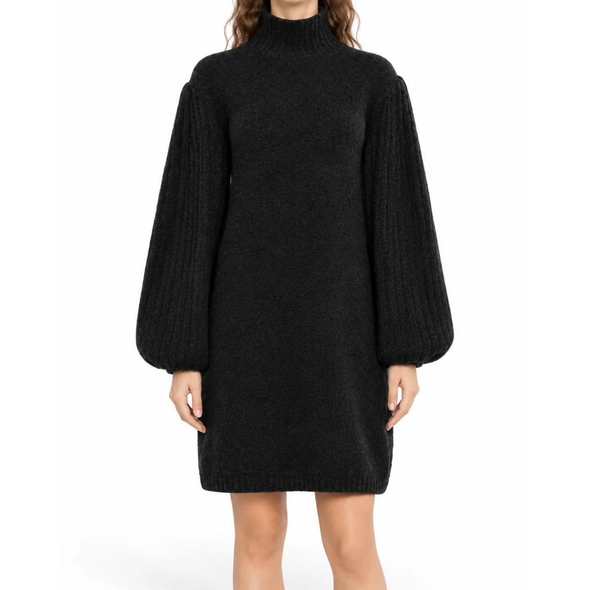 Charcoal knitted cashmere dress by Chanel, showcasing a luxurious textured fabric and elegant design.