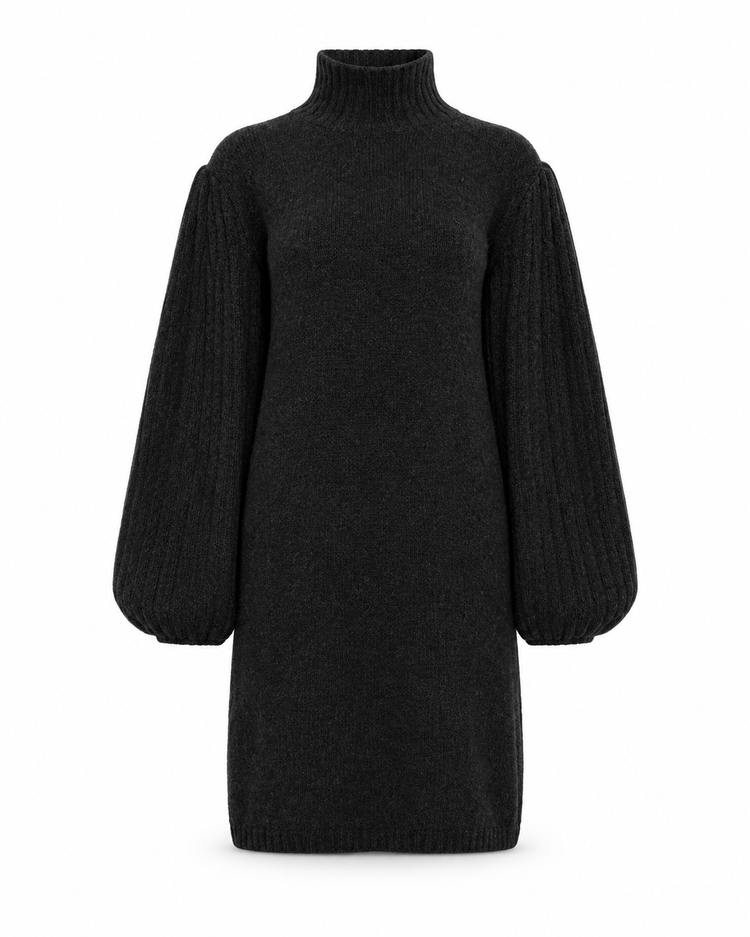 Charcoal knitted cashmere dress by Chanel, featuring a cozy, elegant design perfect for stylish winter wear.