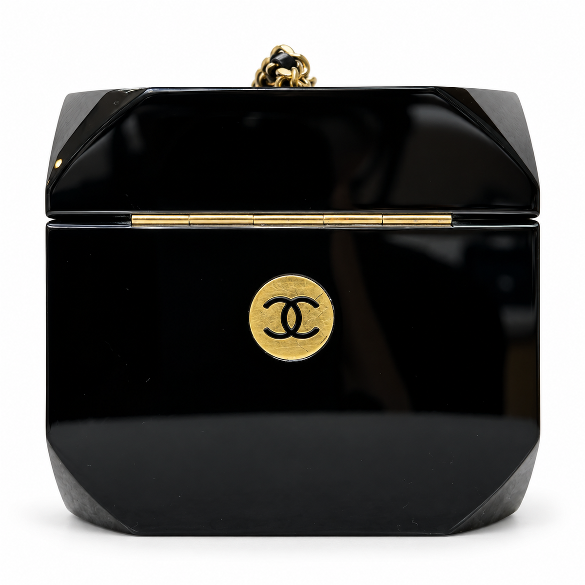 Chanel Plexiglass Casino Dice minaudière clutch with clear acrylic design and black dice accents, elegant evening accessory.