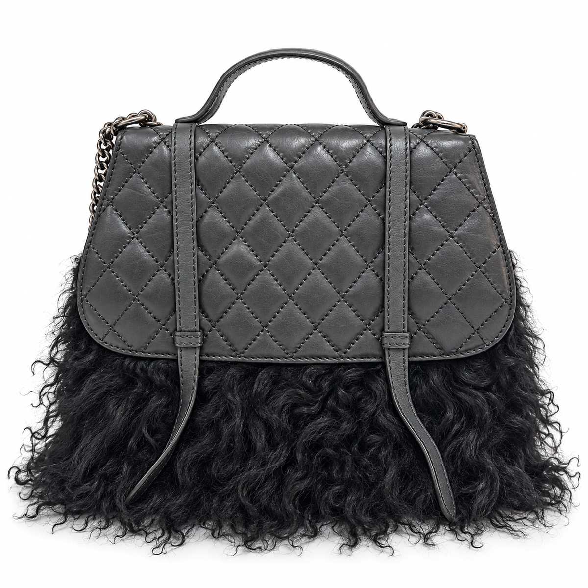 Chanel Paris-Dallas double flap quilted handbag with fur accents, featuring a classic quilted leather design and gold-tone hardware.