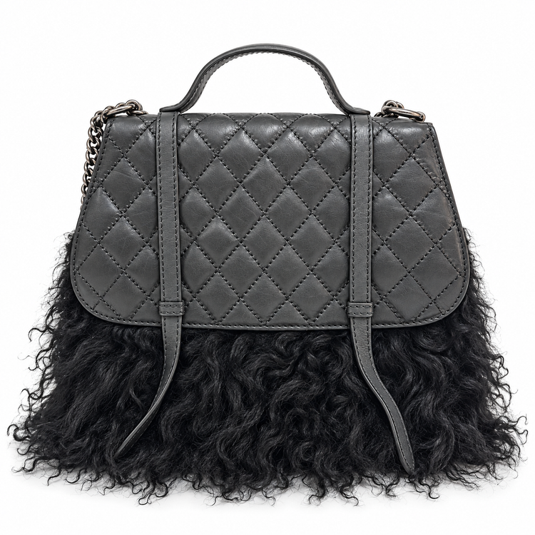 Chanel Paris-Dallas double flap quilted handbag with fur accents, featuring a classic quilted leather design and gold-tone hardware.