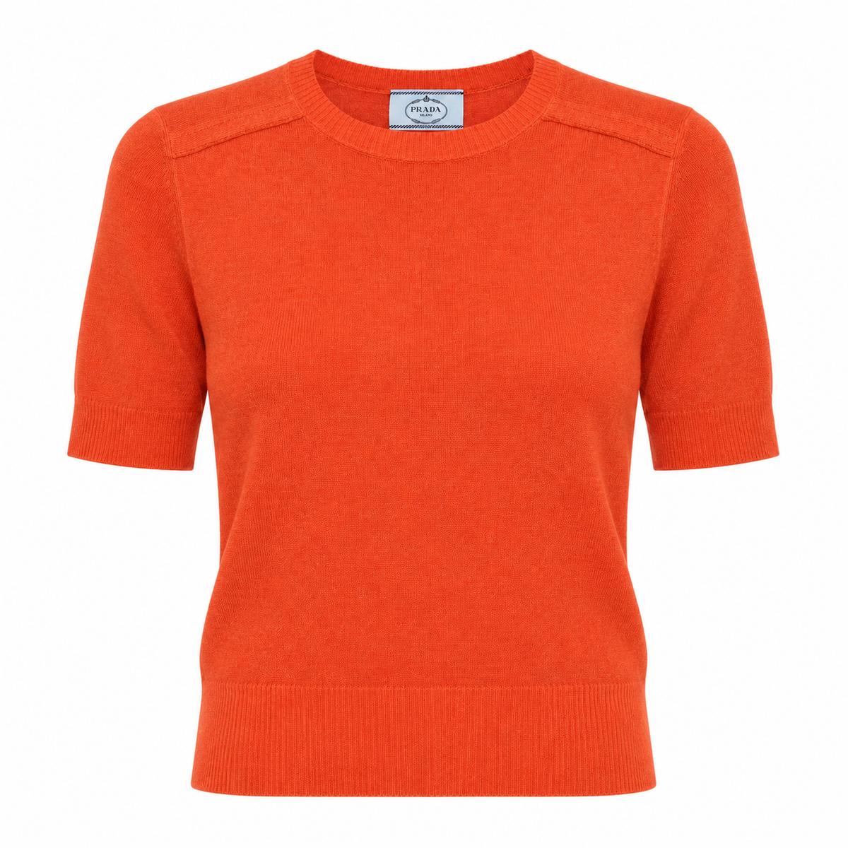 Prada burnt orange wool and silk short-sleeve knit top with crew neckline, ribbed trims and a lightweight fitted silhouette.